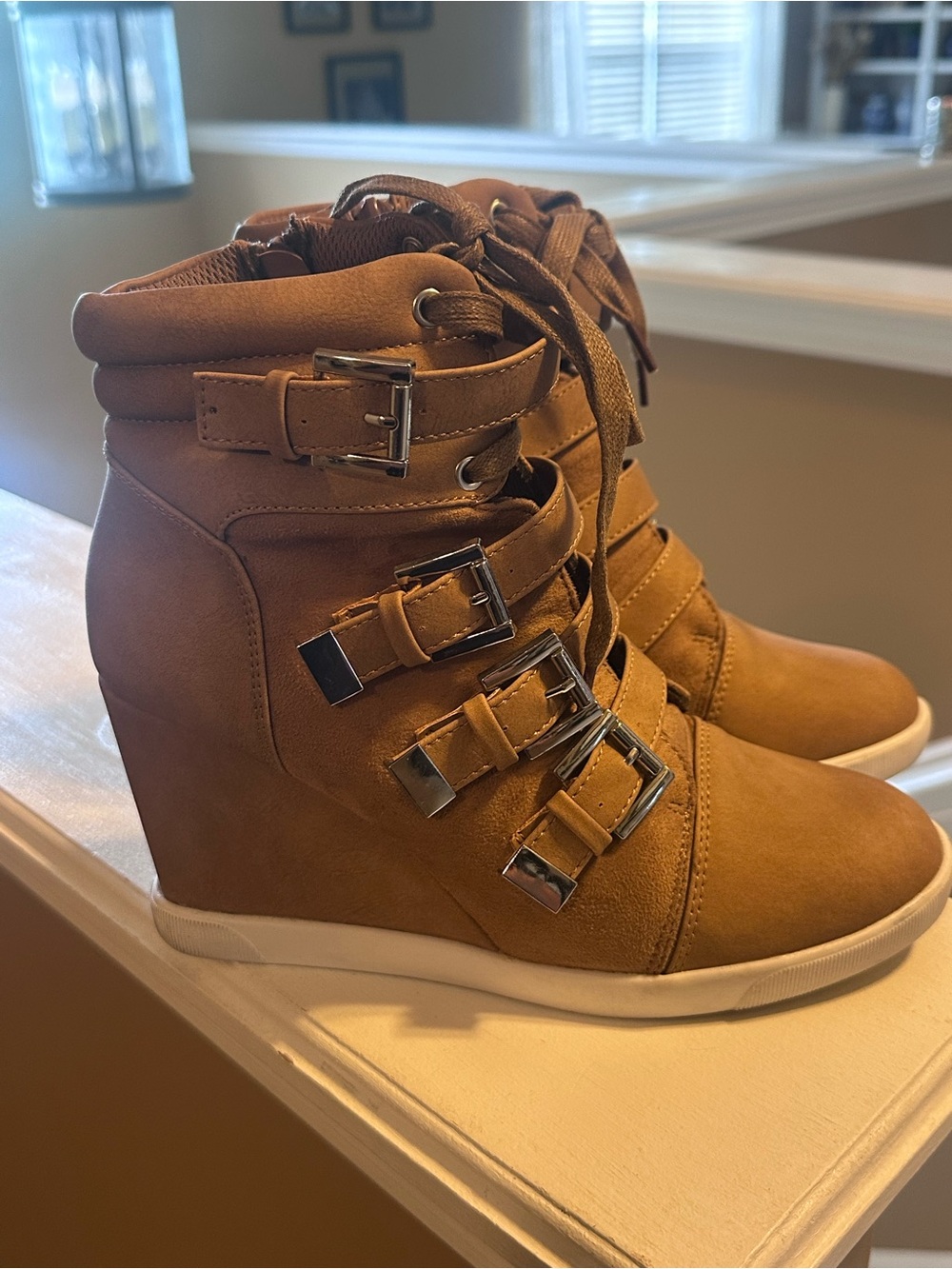 Shoe Dazzle Tan Lace-Up Wedge Sneaker Boots with Buckles